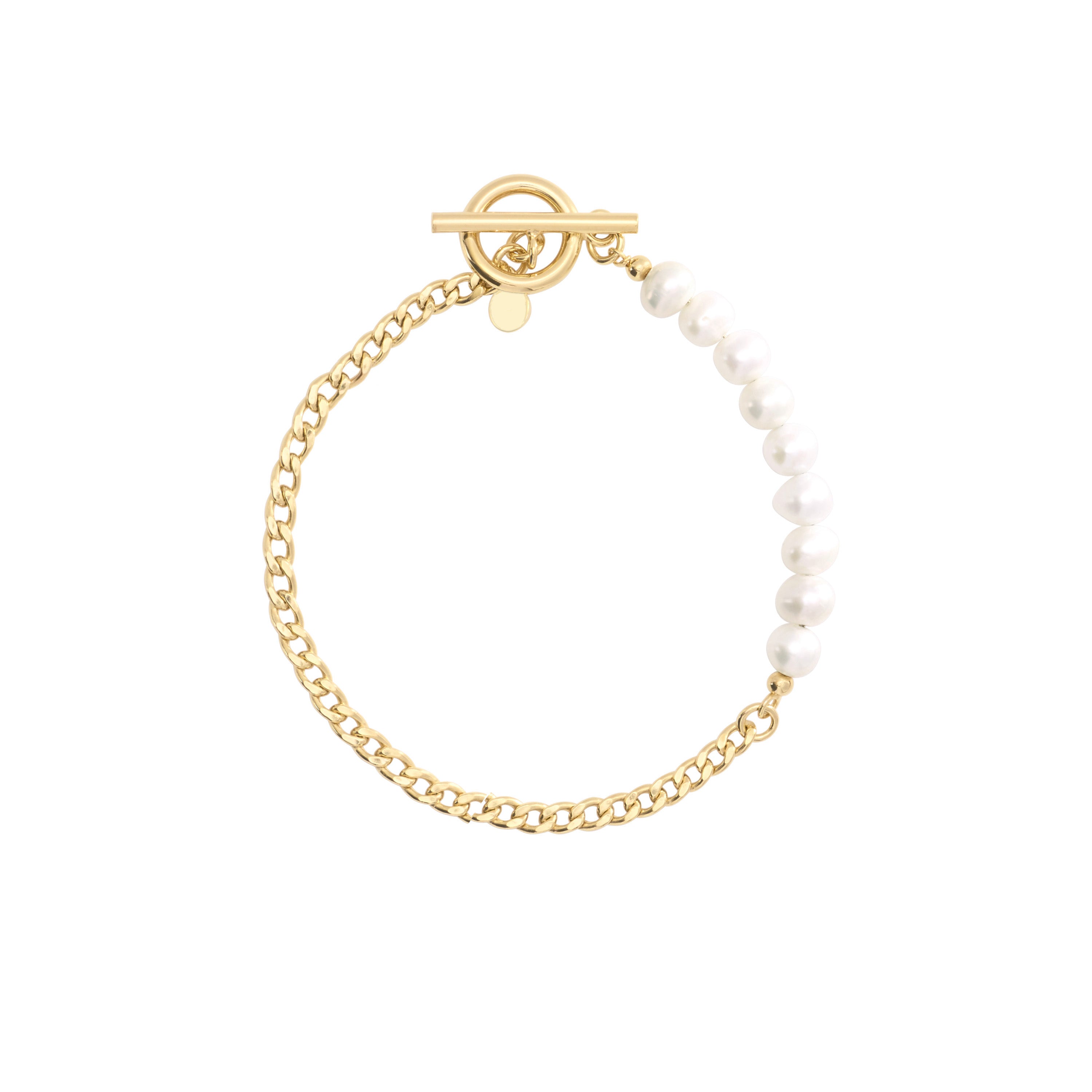 14 Karat Yellow Gold Over Sterling Silver Pearl & Curb link Toggle Bracelet