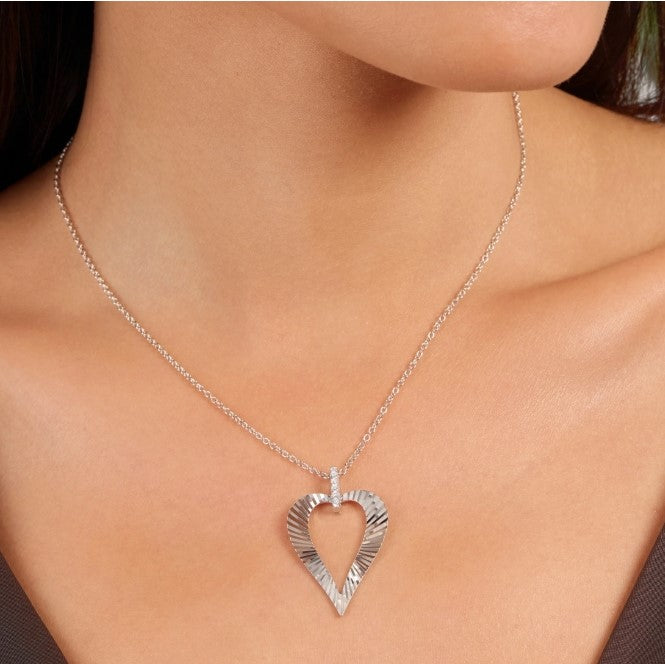 Sterling Silver Rhodium Plated CZ Diamond Cut Heart Necklace
