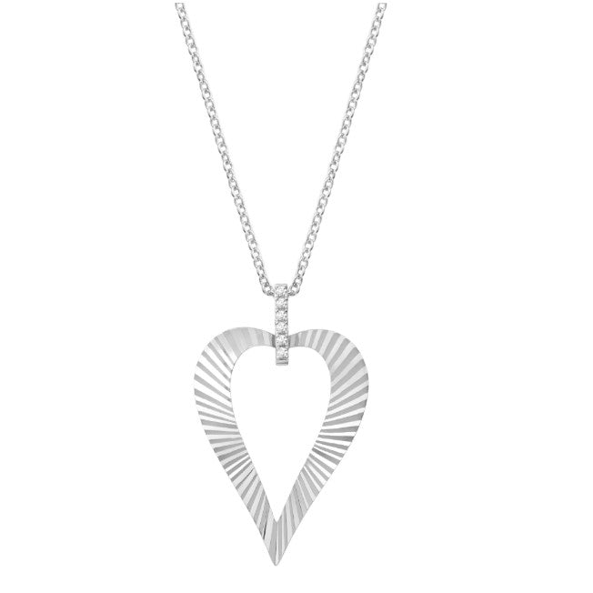 Sterling Silver Rhodium Plated CZ Diamond Cut Heart Necklace
