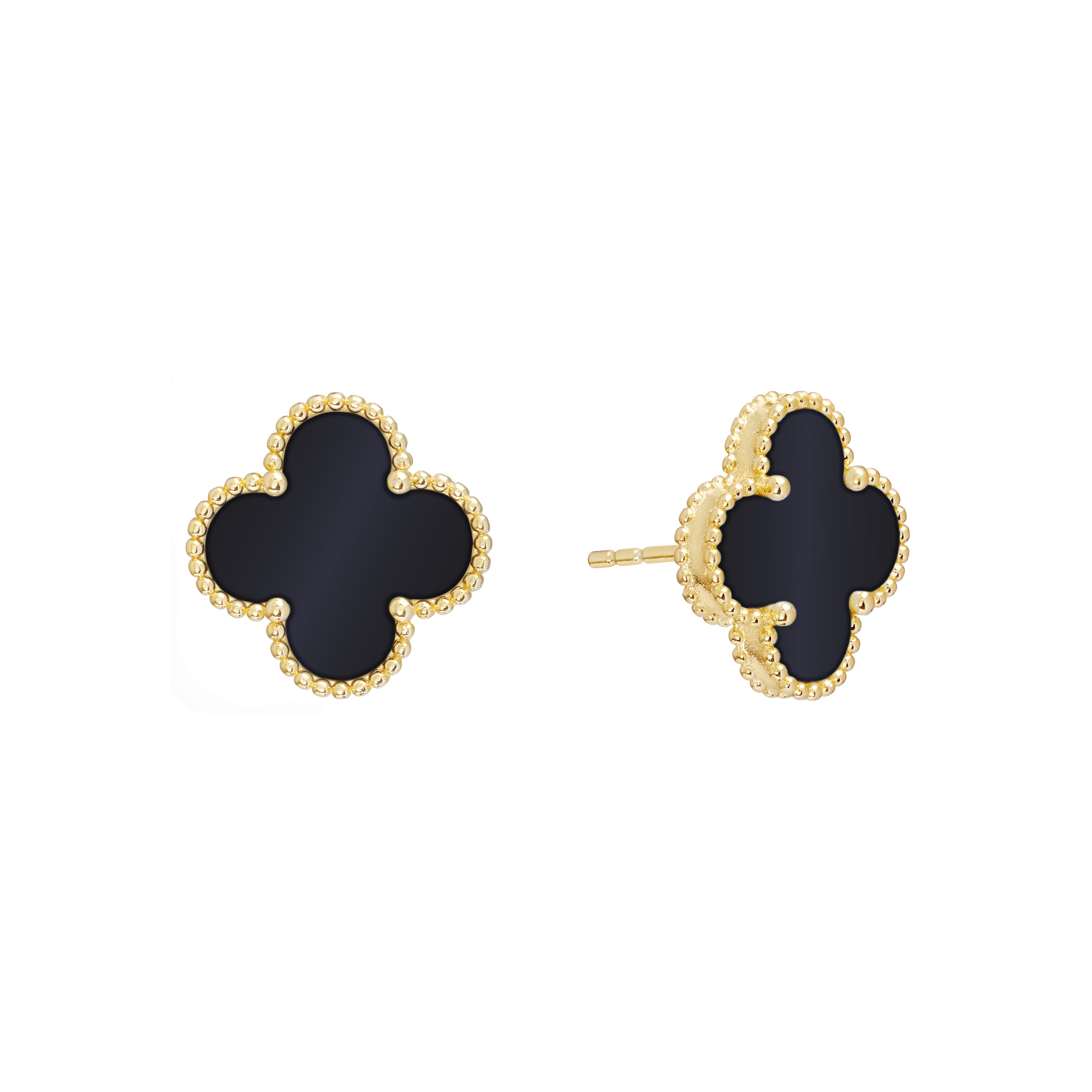 Gold Over Sterling Silver Black Beaded Clover Stud Earrings