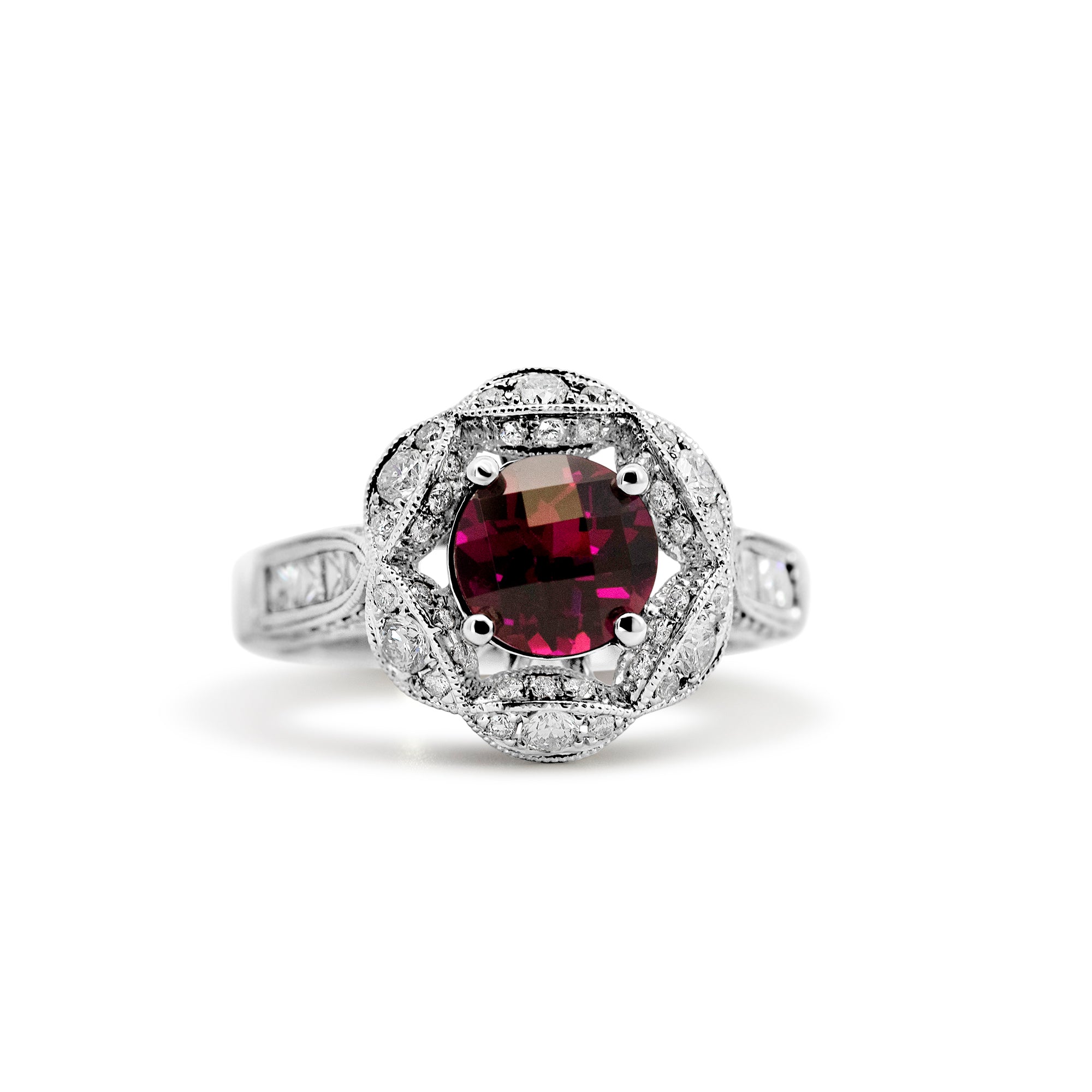 18K Yellow Gold Rhodolite Floral Ring with 0.92ct Total Diamond Weight
