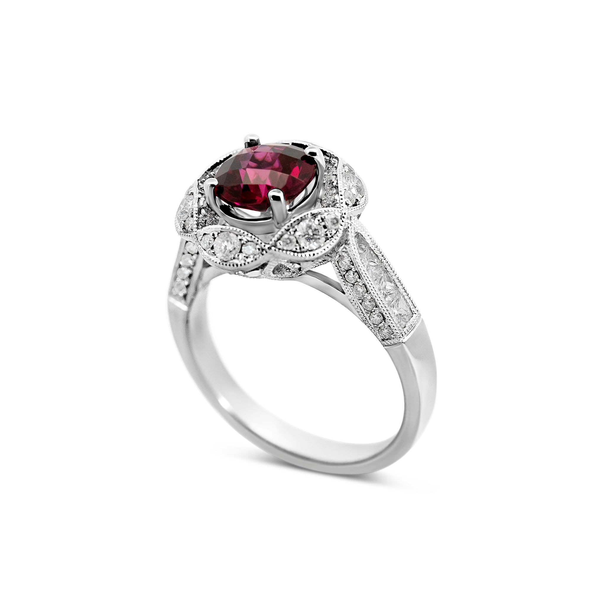 18K Yellow Gold Rhodolite Floral Ring with 0.92ct Total Diamond Weight