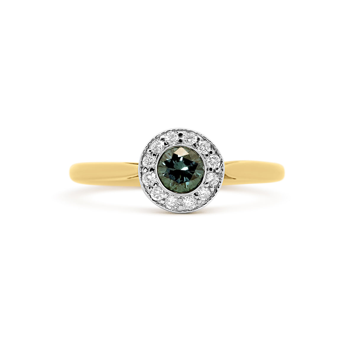 14K White and Yellow Gold Blue Diamond Halo Fashion Ring