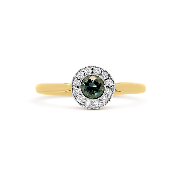 14K White and Yellow Gold Blue Diamond Halo Fashion Ring