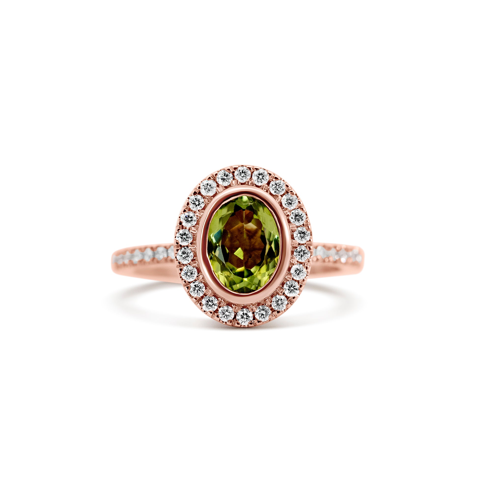14K Rose Gold Peridot & Diamond Halo Ring | 1.46 CT Peridot