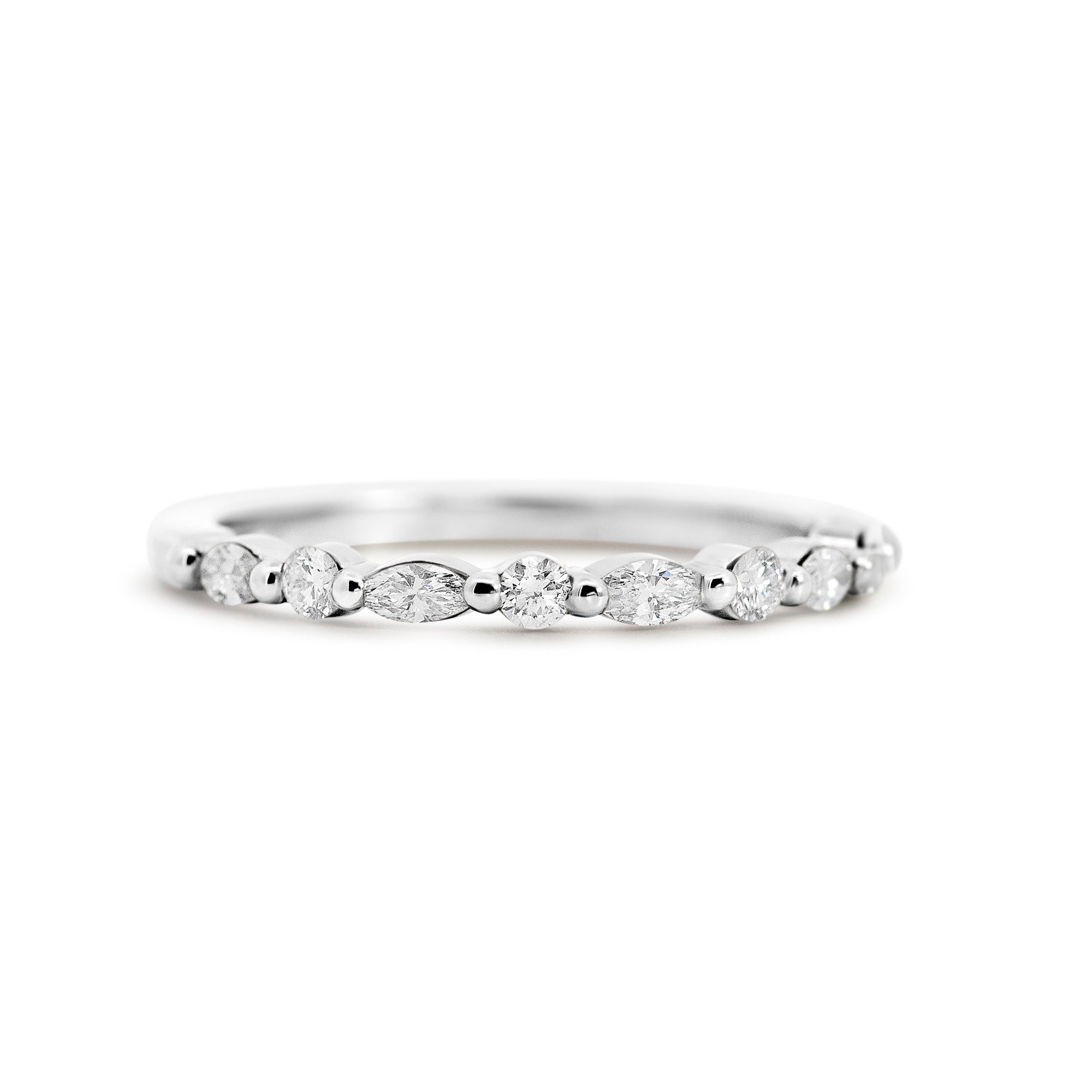 14K White Gold Shared Prong Round & Marquise Diamond Wedding Band