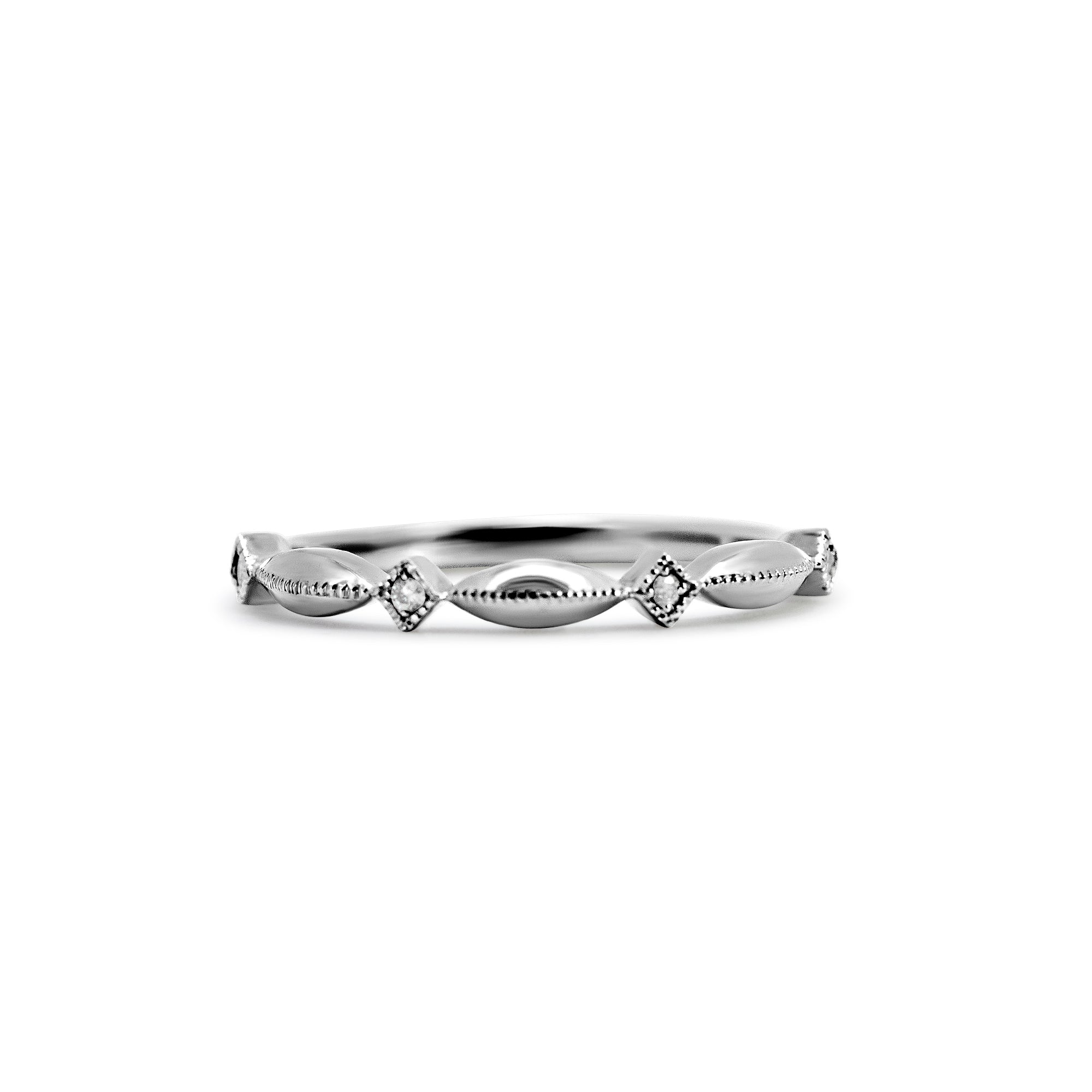 14K White Gold Milgrain Diamond Wedding Band – 0.08 Carats