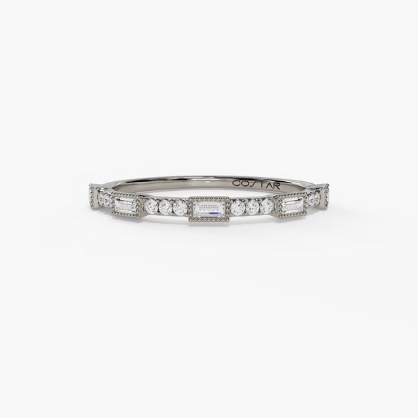 14K White Gold Round & Baguette Diamond Wedding Band