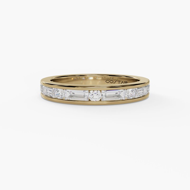 14 Karat Yellow Gold Round & Baguette Diamond Wedding Band | Joe Kassab Jewelers