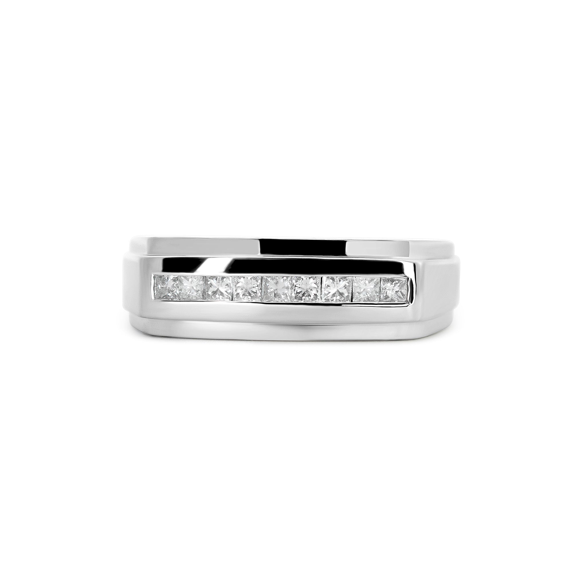 14K White Gold Men’s European Shank Princess Cut Diamond Wedding Band