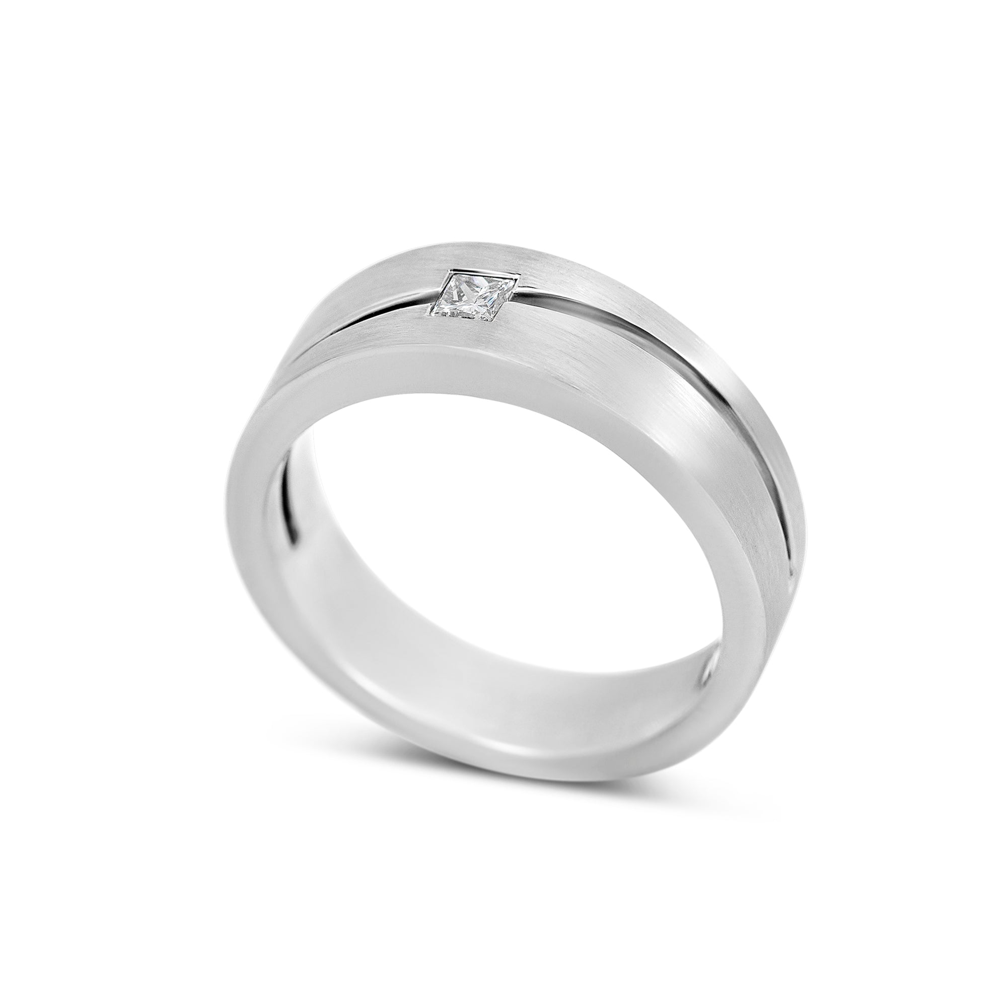 14K White Gold Men’s Wedding Band with 0.18ct Princess Cut Diamond