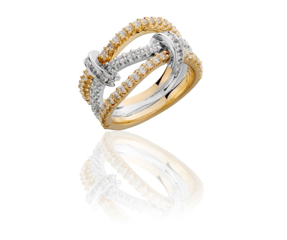 14K Two-Tone White & Yellow Gold Three-Row Diamond Fashion Ring