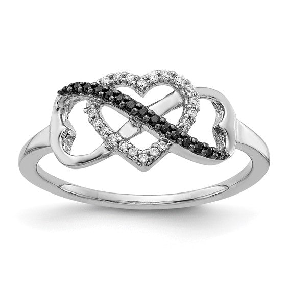 14K White Gold Heart & Infinity Fashion Ring with Black and White Diamonds