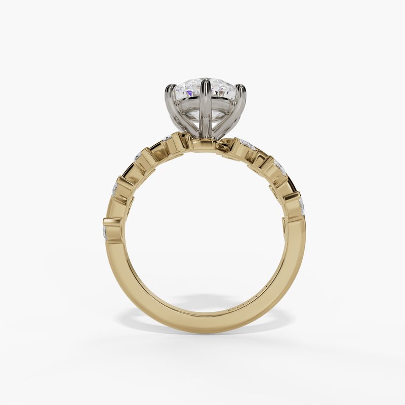 14 Karat Yellow Gold 6-Prong with Nature Inspired Leaf Diamond Shank