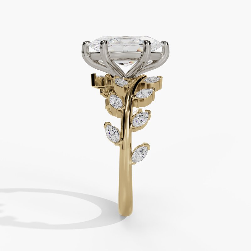 14 Karat Yellow Gold 6-Prong with Nature Inspired Leaf Diamond Shank