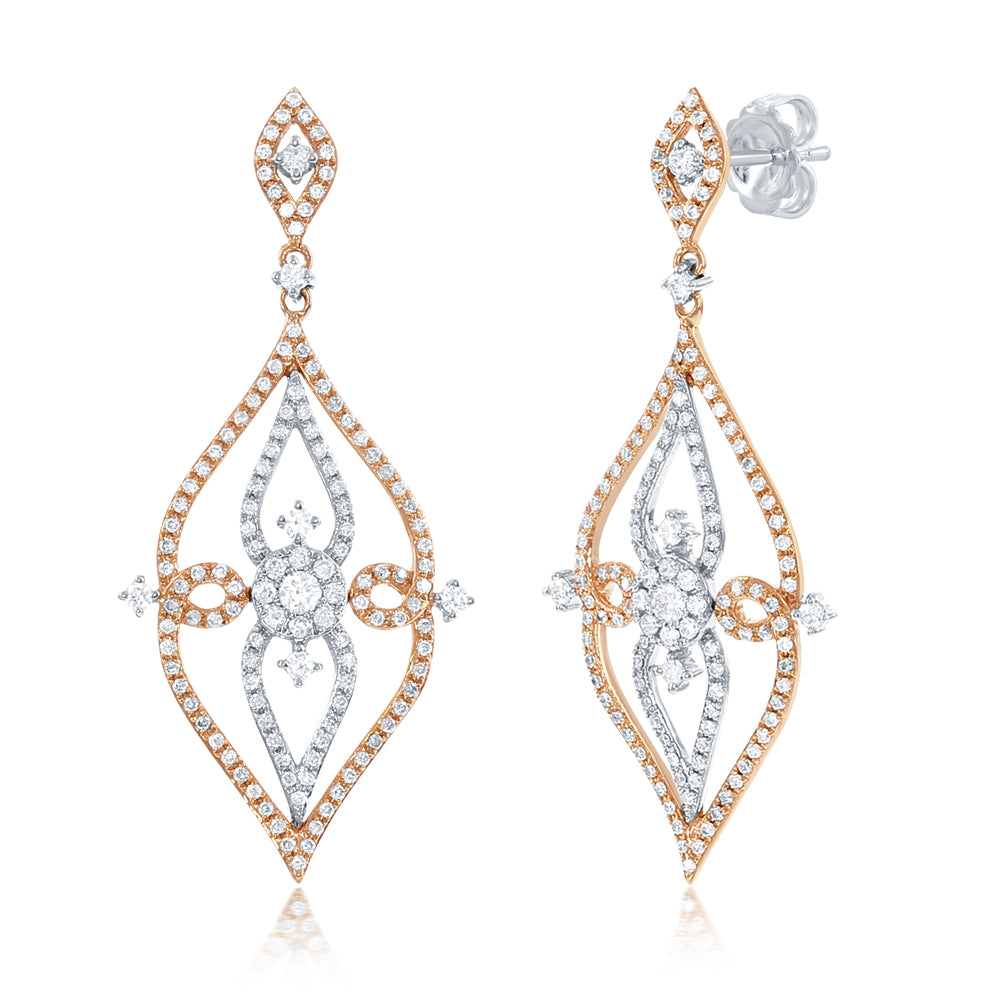14 Karat White & Rose Gold Diamond Dangle Earrings | 1.41 CTW | Friction Back