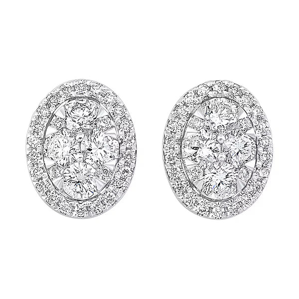 14K White Gold Oval Halo Pavé Natural Diamond Earrings – 3/4 Carat Total Weight