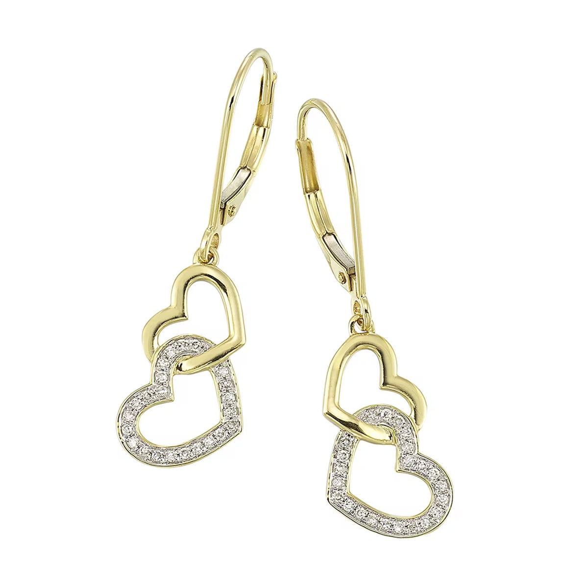 10K Yellow Gold Heart Dangle Earrings with 0.14 CTW Natural Diamonds