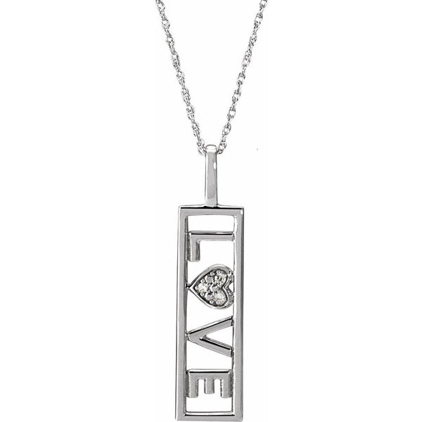 14K White Gold LOVE Bar Necklace | Diamond Heart Pendant