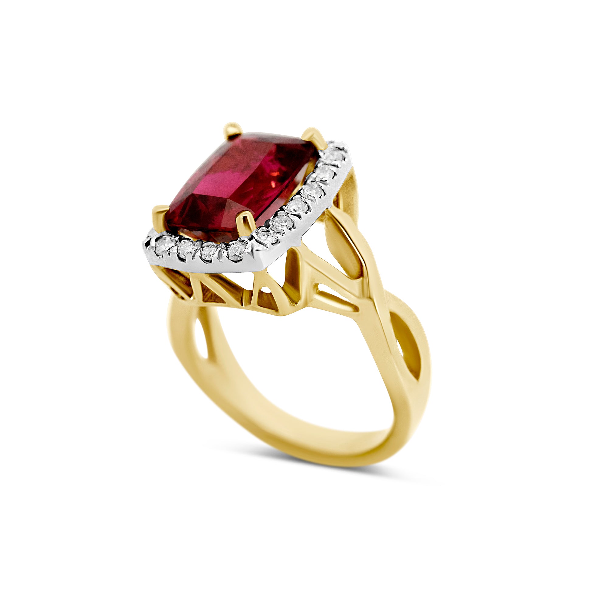 14K Yellow Gold 4.24ct Rubellite Halo Diamond Ring