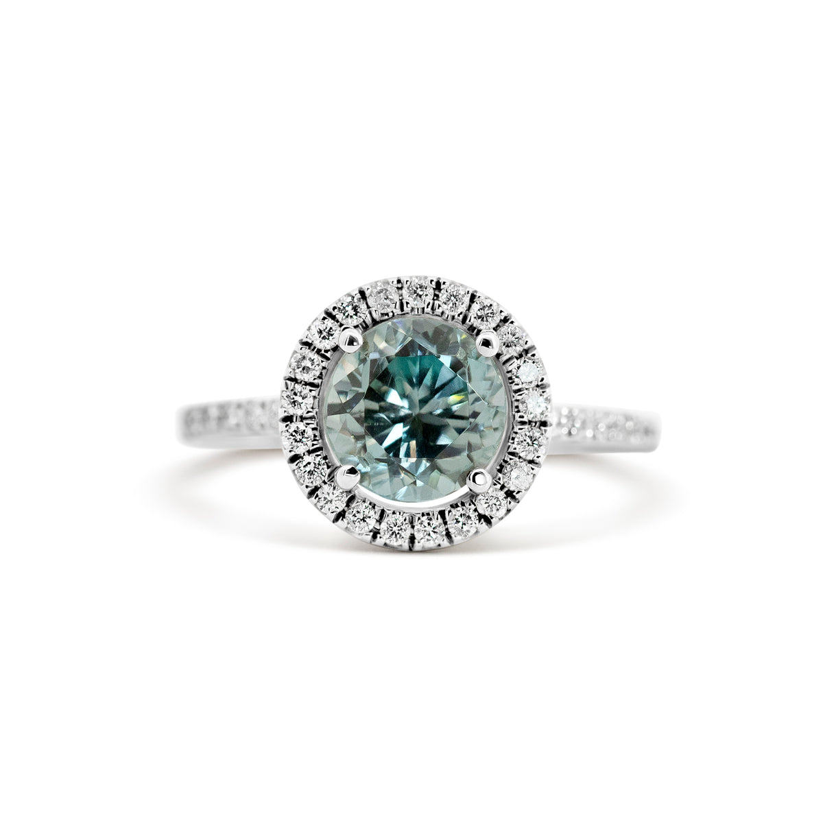 14K White Gold Blue Zircon Halo Ring | 1.25ct
