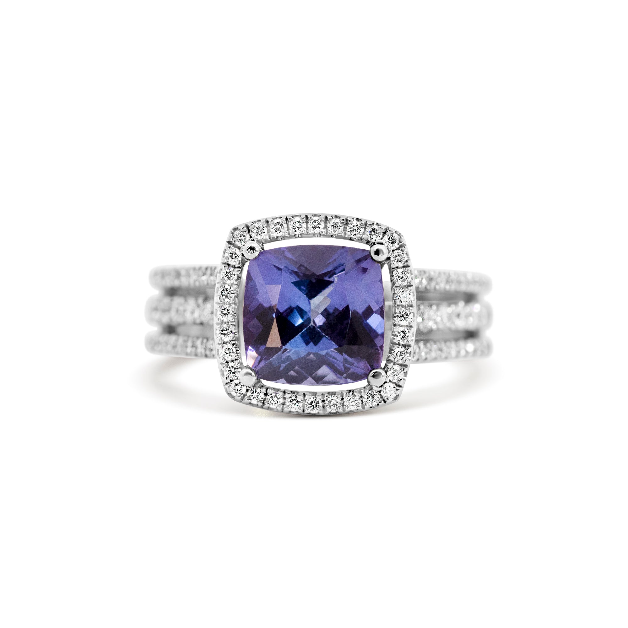14K White Gold 2.50ct Tanzanite Halo Ring with 1.10ct Diamonds