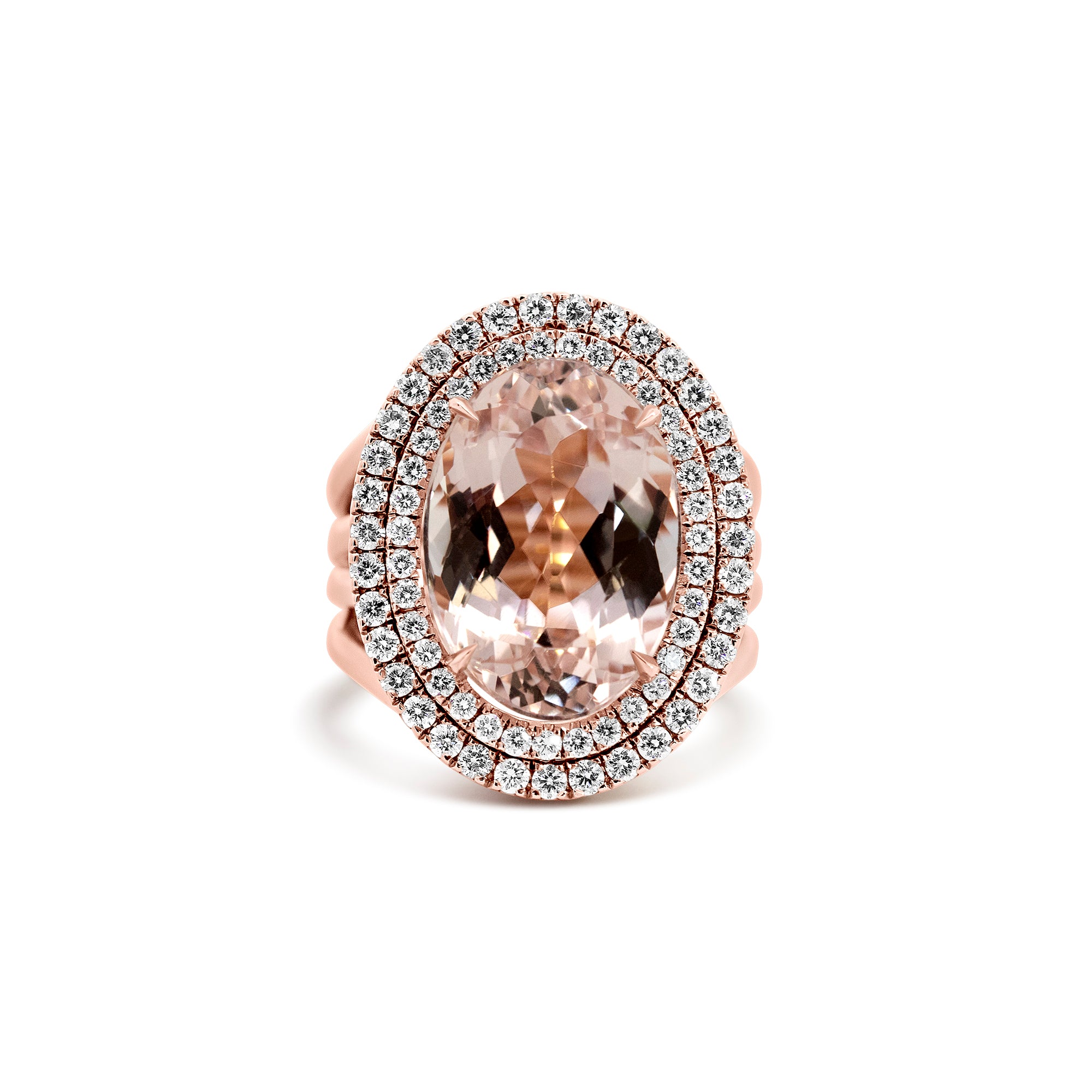 14K Rose Gold Morganite Double Halo Ring | 14.43ct