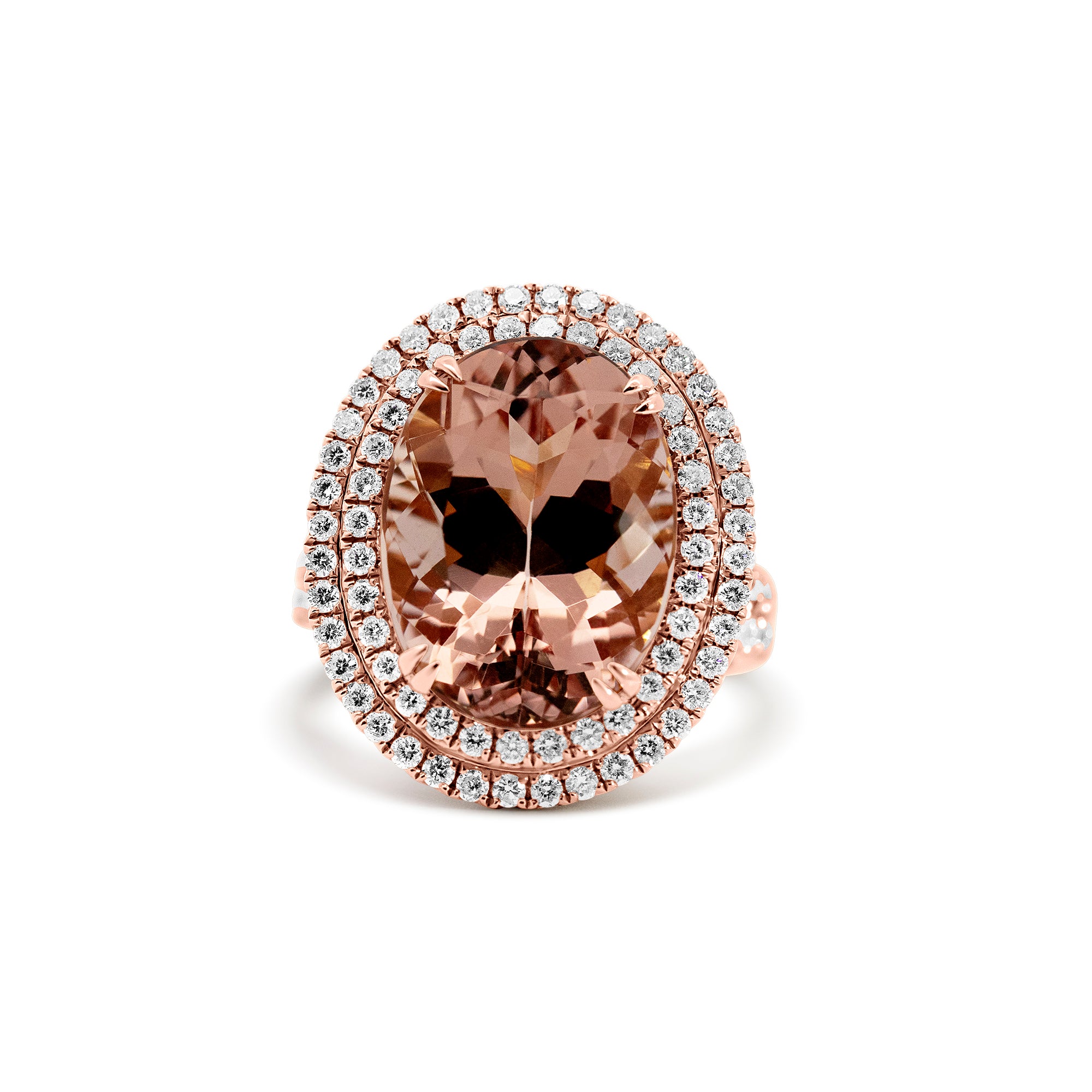 18K Rose Gold Morganite Double Halo Ring | 9.39ct