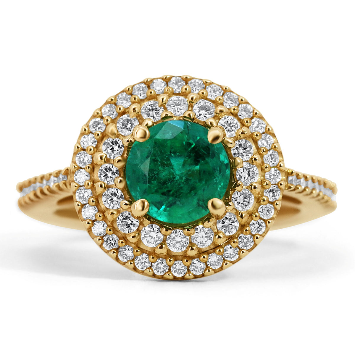 Round Double Halo Emerald & Diamond Ring