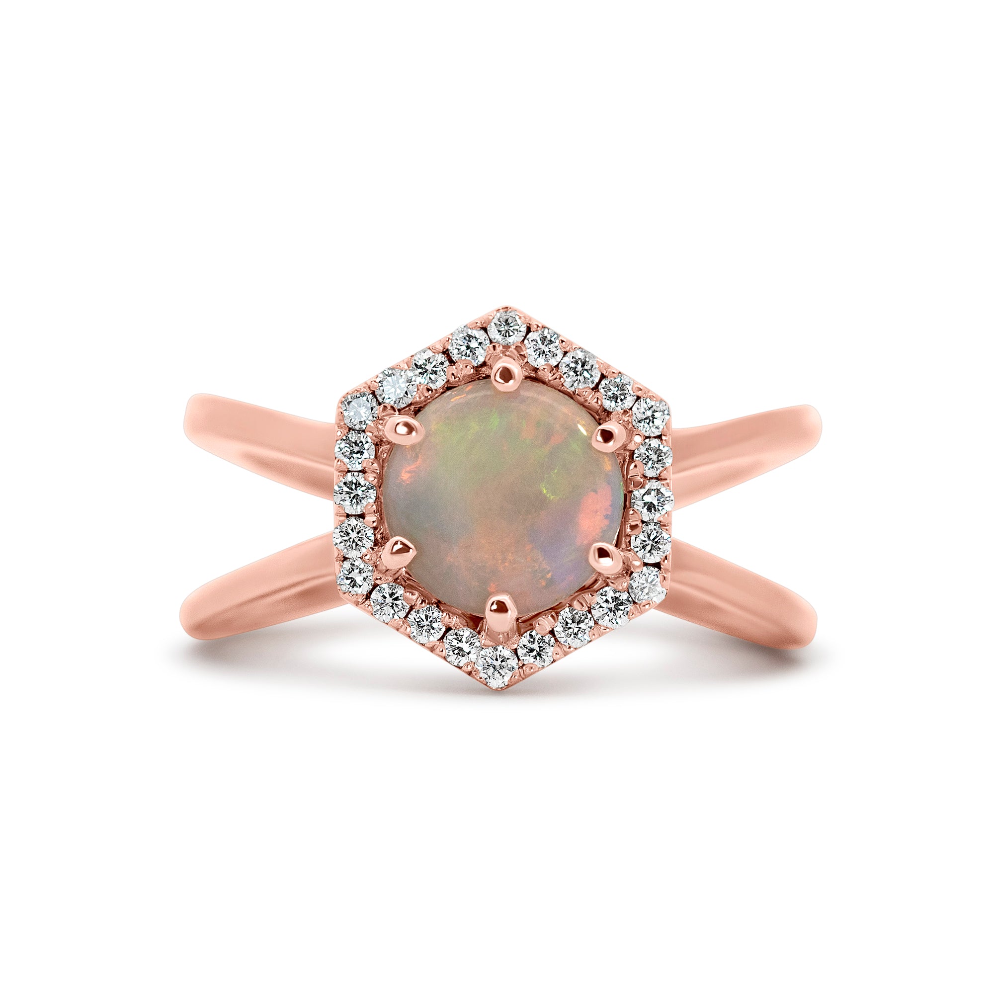 14K Rose Gold Opal Hexagon Halo Diamond Ring