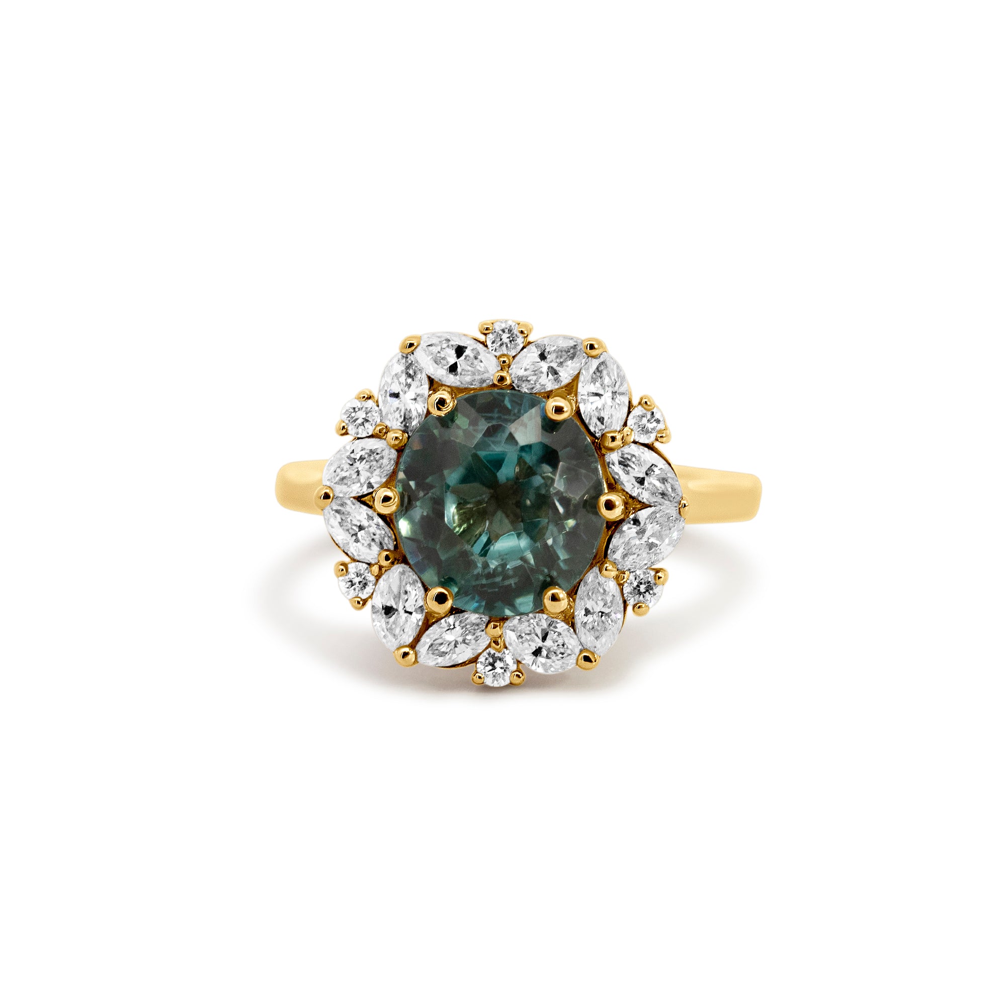 14K Yellow Gold Blue Zircon & Diamond Halo Ring | 3.00 CT Blue Zircon