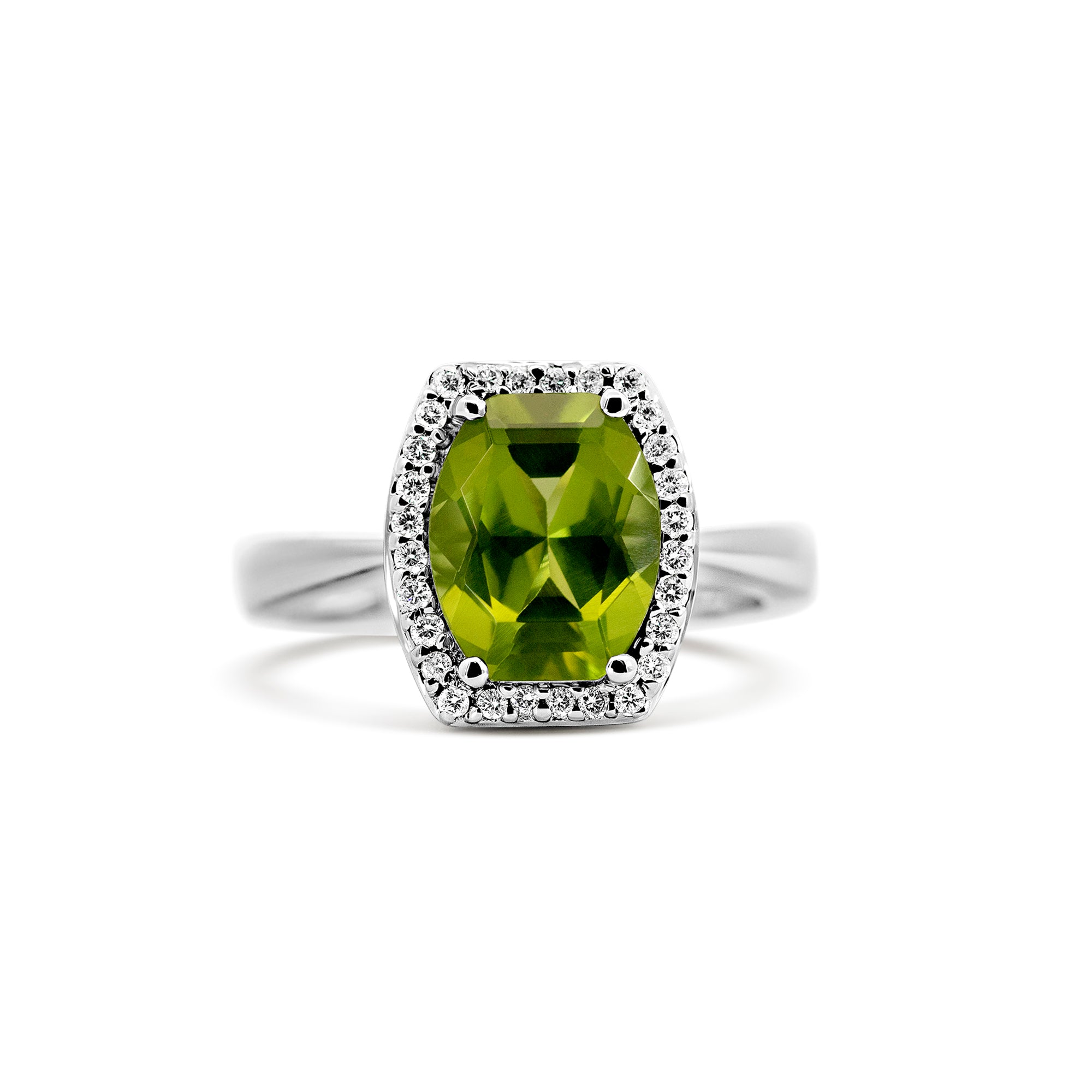 14K White Gold Peridot & Diamond Halo Ring | 0.15 CTW