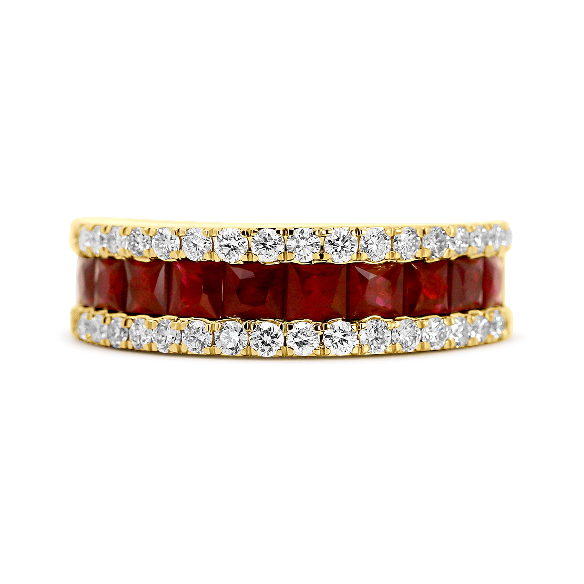 14K Yellow Gold Ruby & Diamond Three Row Ring