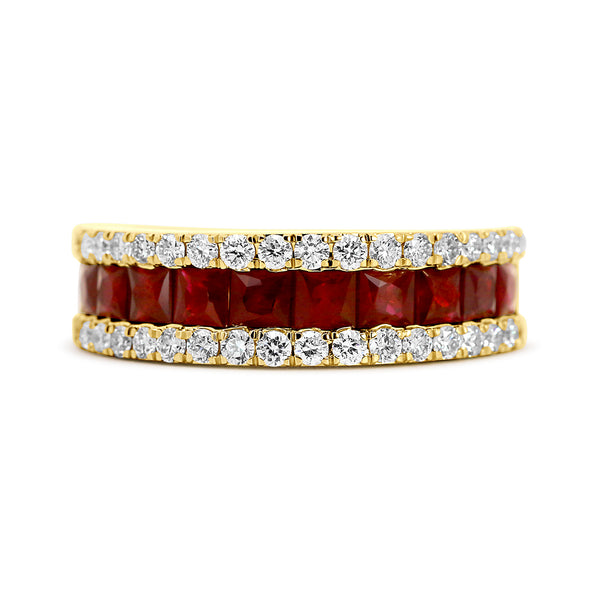 14K Yellow Gold Ruby & Diamond Three Row Ring
