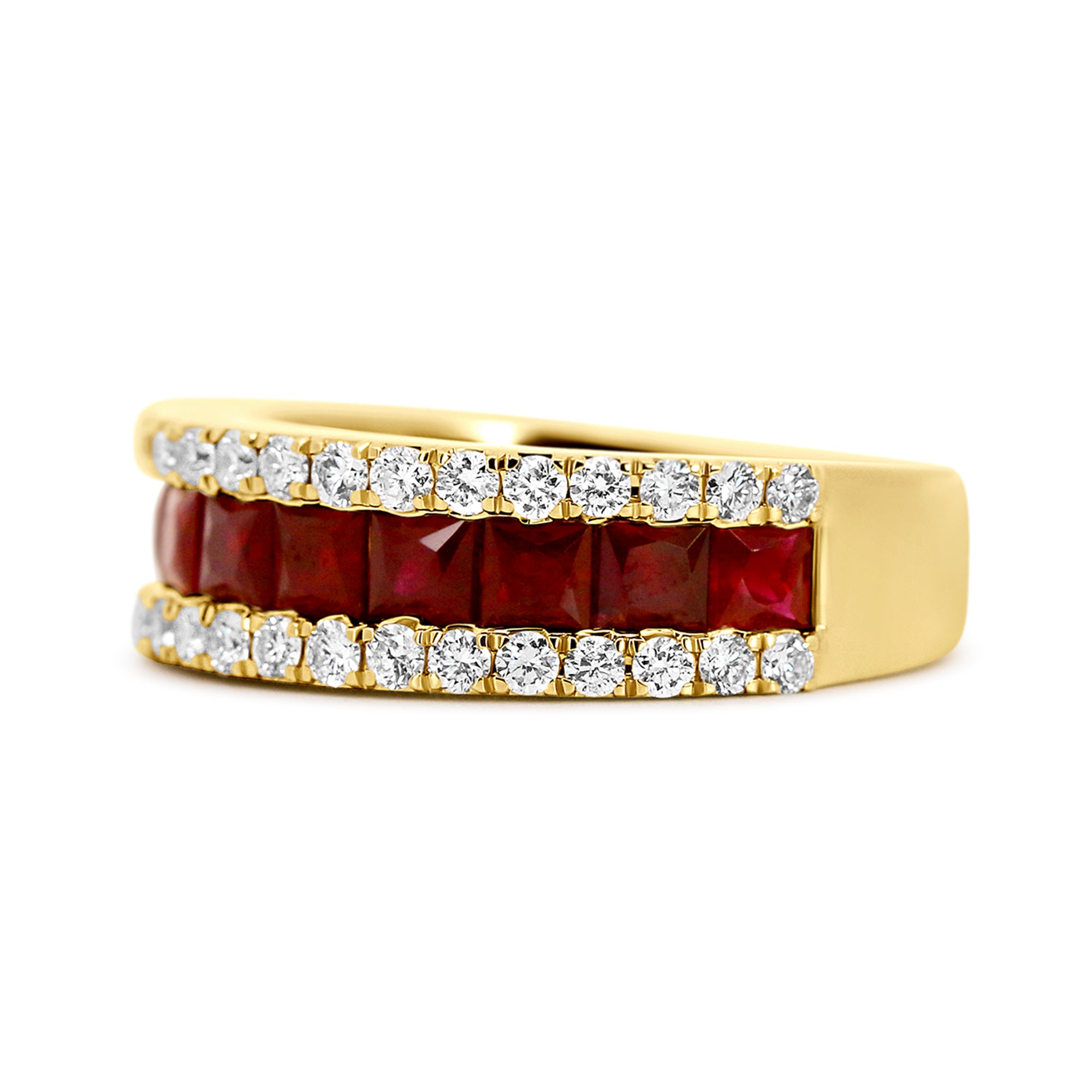 14K Yellow Gold Ruby & Diamond Three Row Ring