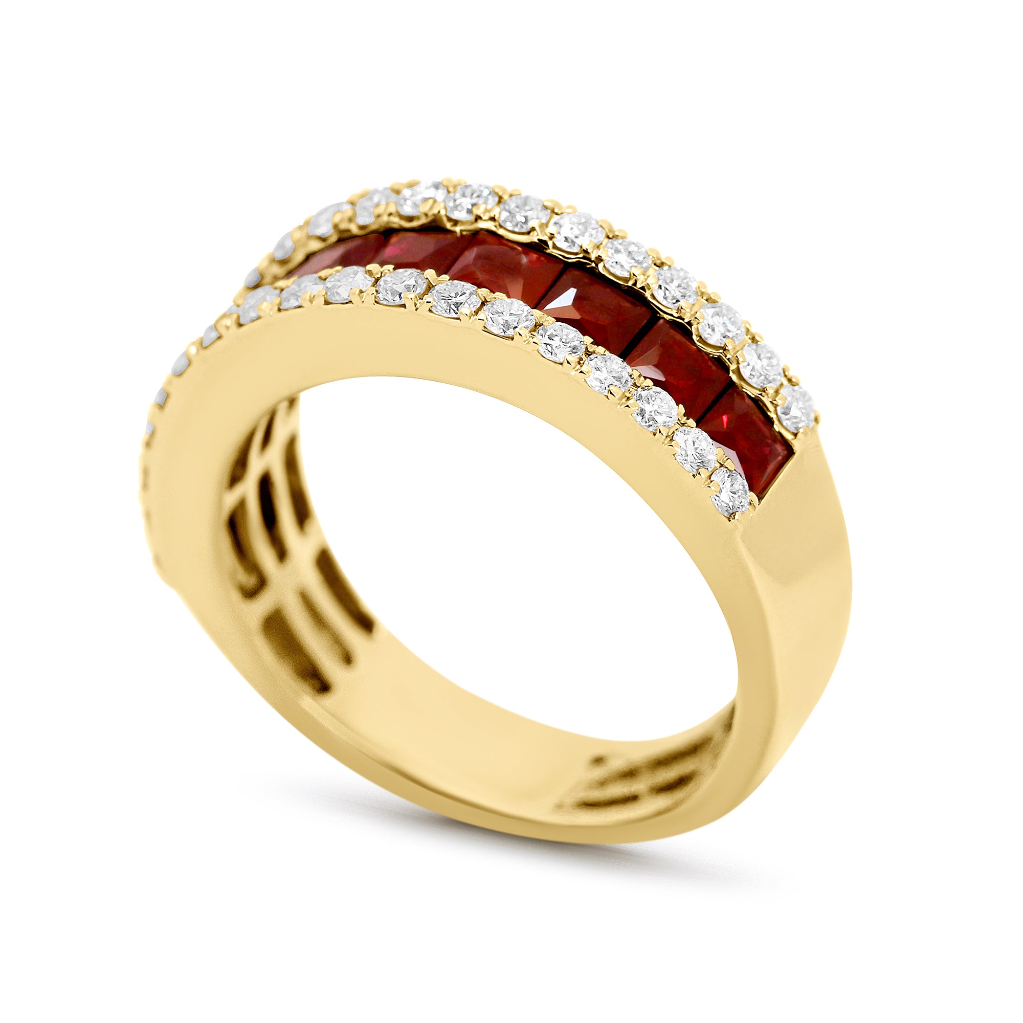 14K Yellow Gold Ruby & Diamond Three Row Ring