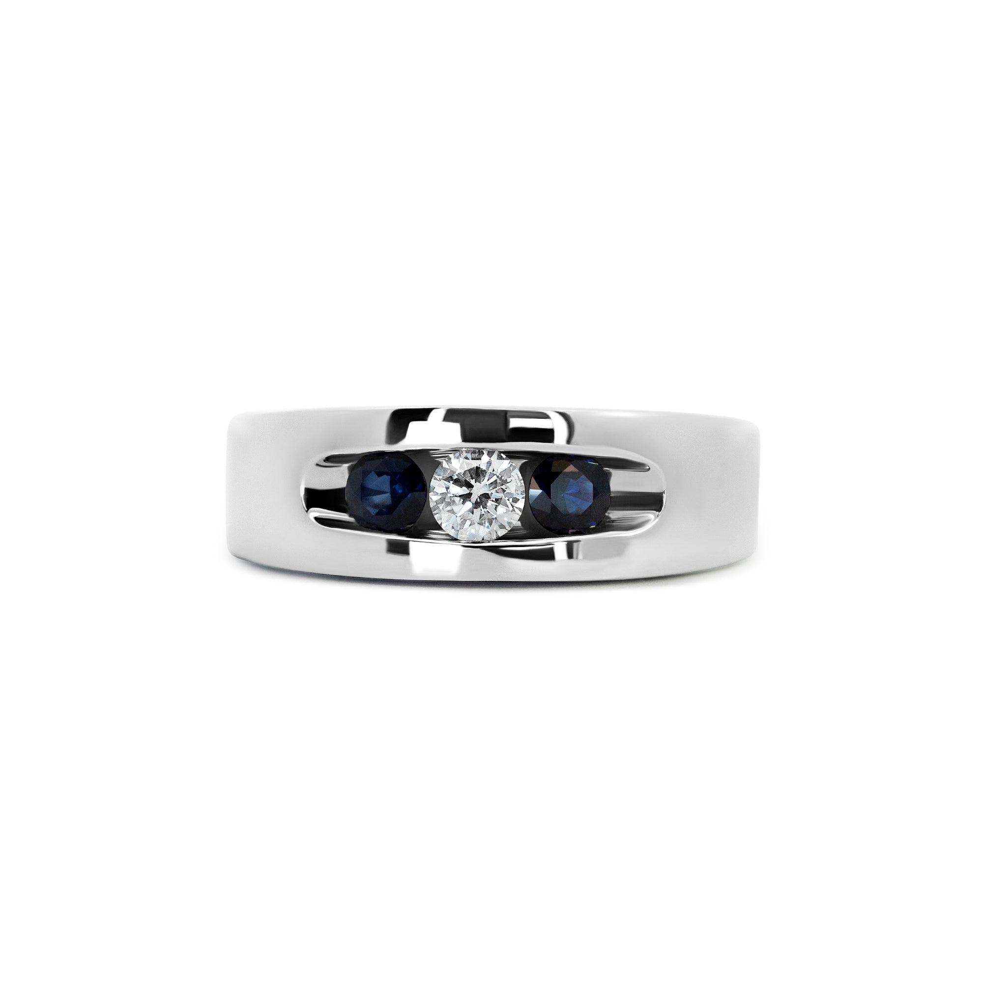 14K White Gold Men’s Three-Stone Sapphire & Diamond Band