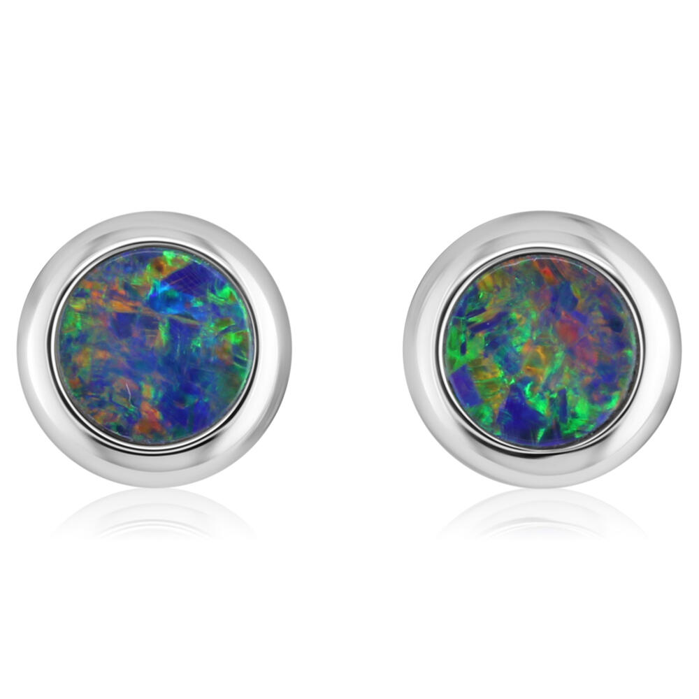 14K Round Australian Opal Doublet Bezel Earrings