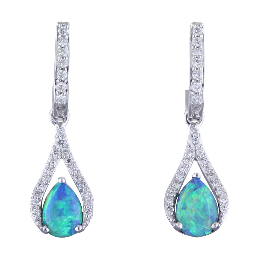 14K Australian Opal & Diamond Dangle Earrings