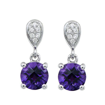 14K White Gold Amethyst Dangle Earrings with 0.07 Carat Diamonds