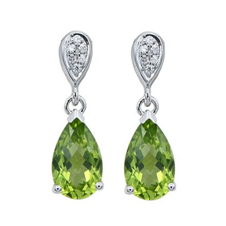14K White Gold Peridot Dangle Earrings with 0.07 Carat Diamonds