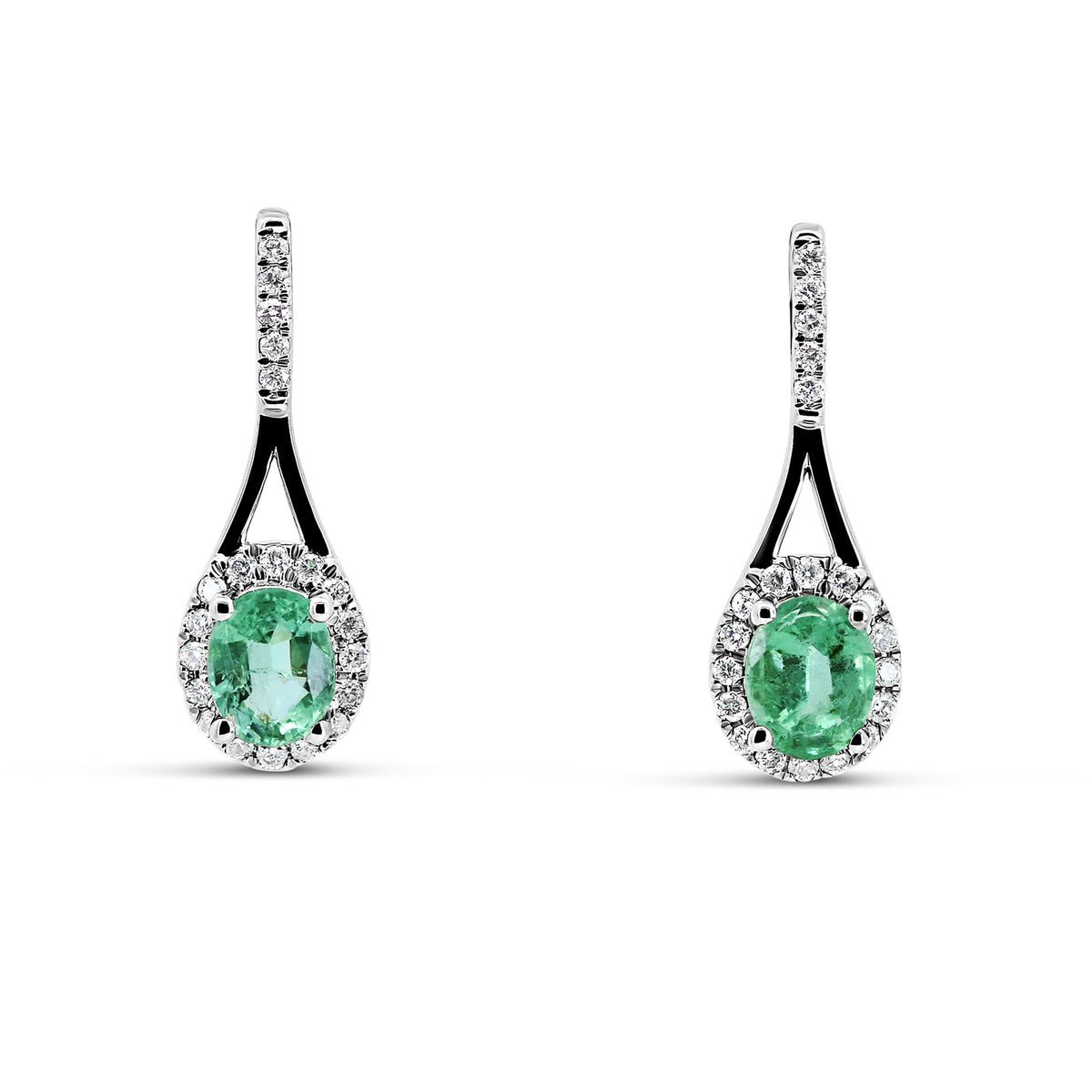 14K White Gold Oval Emerald & Diamond Drop Earrings