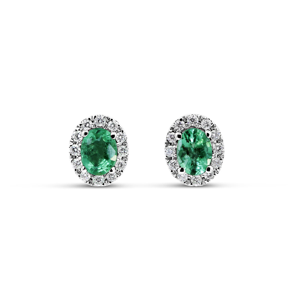 14K White Gold Oval Emerald & Diamond Halo Earrings