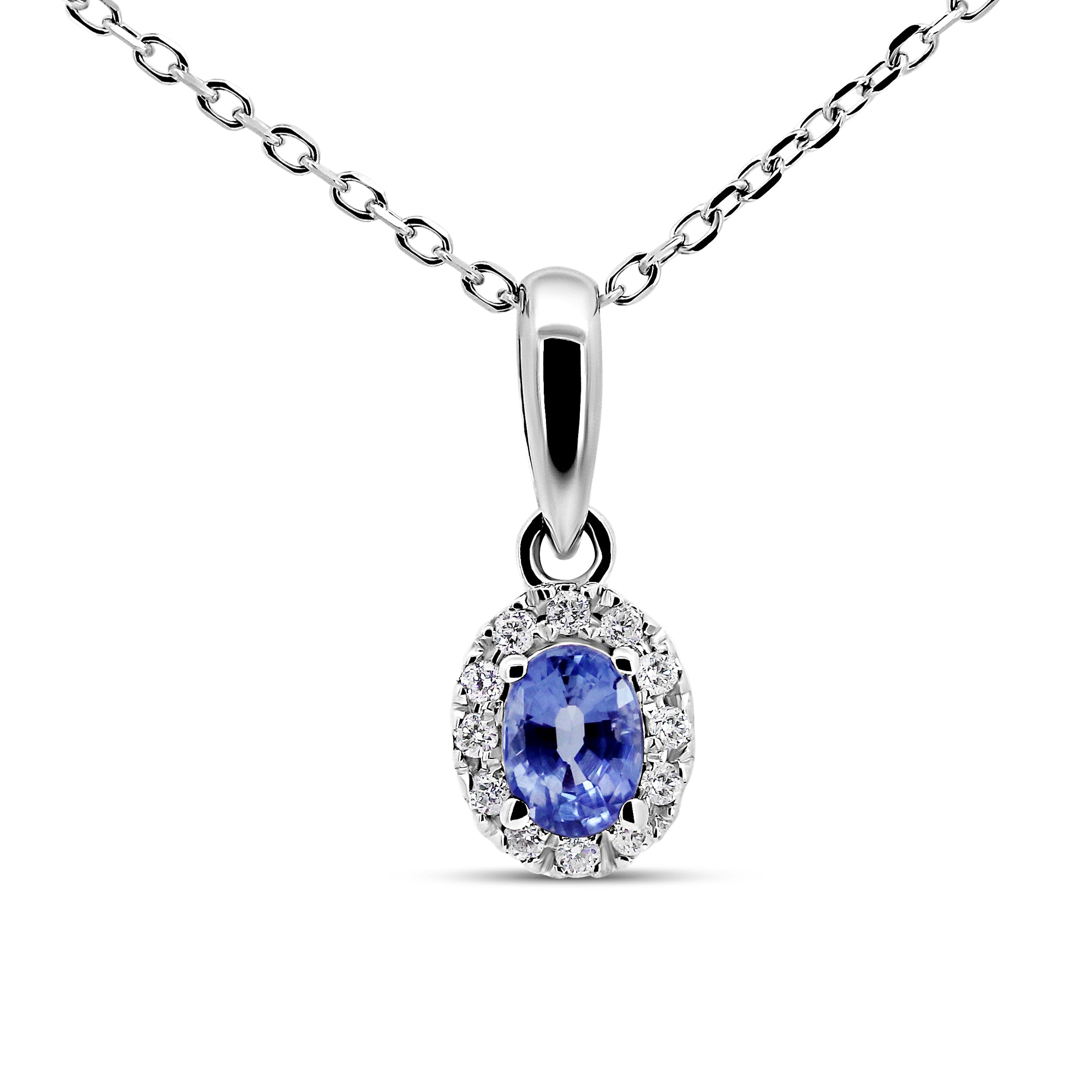 14K White Gold Oval Sapphire & Diamond Pendant