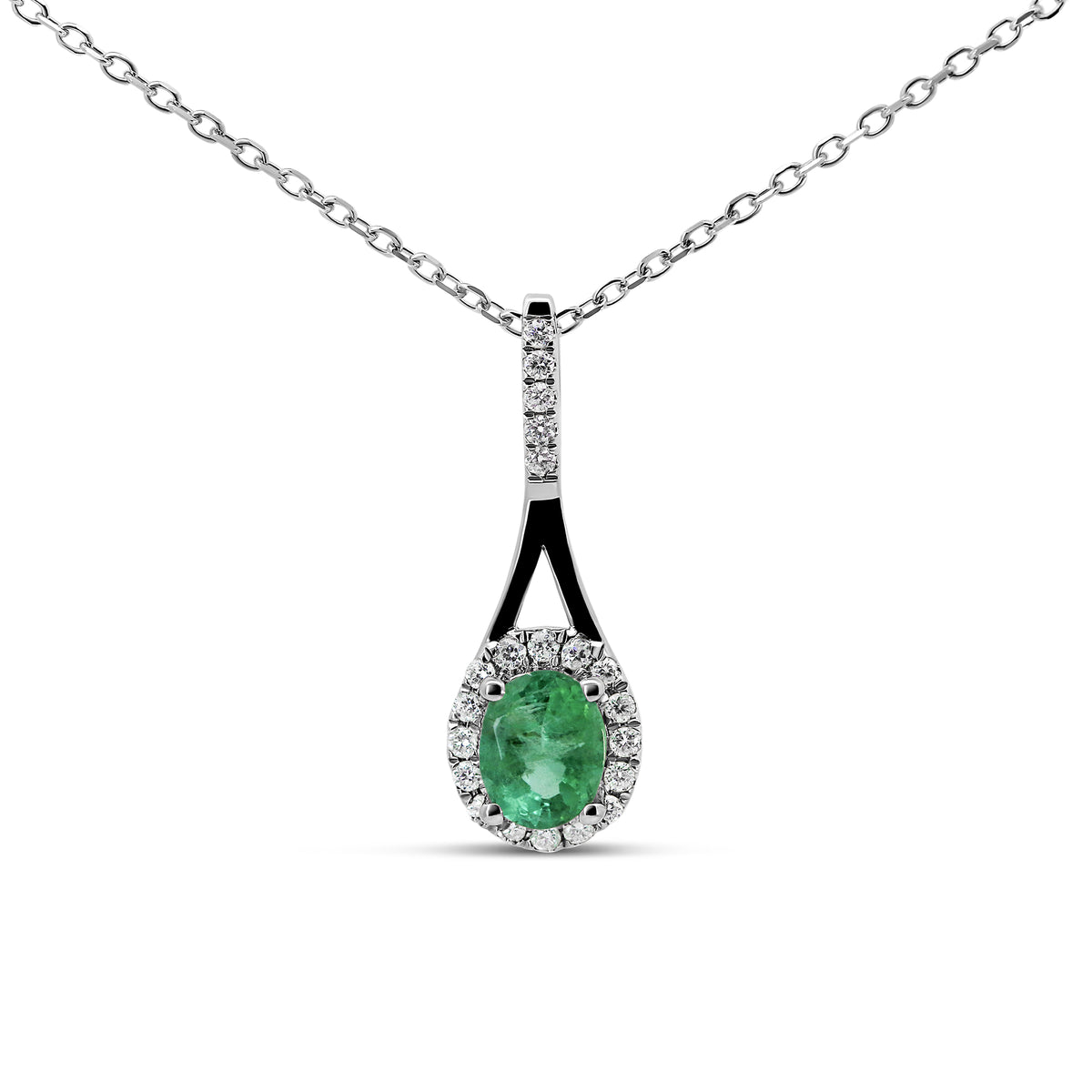 14K White Gold Oval Emerald & Diamond Halo Necklace