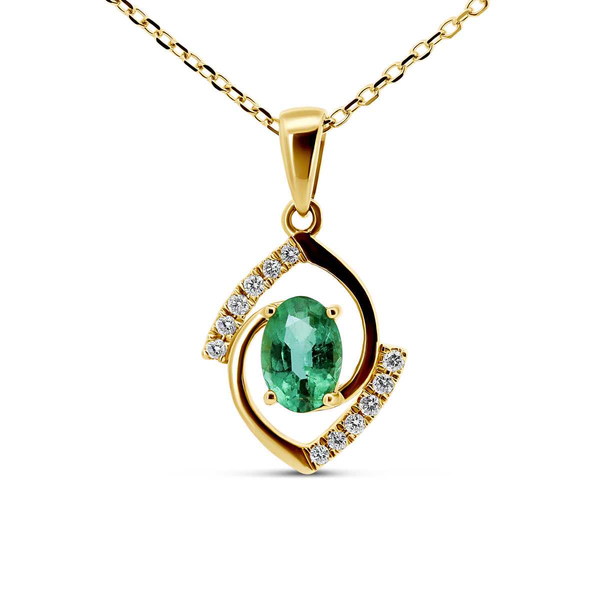 14K Yellow Gold Oval Emerald & Diamond Necklace