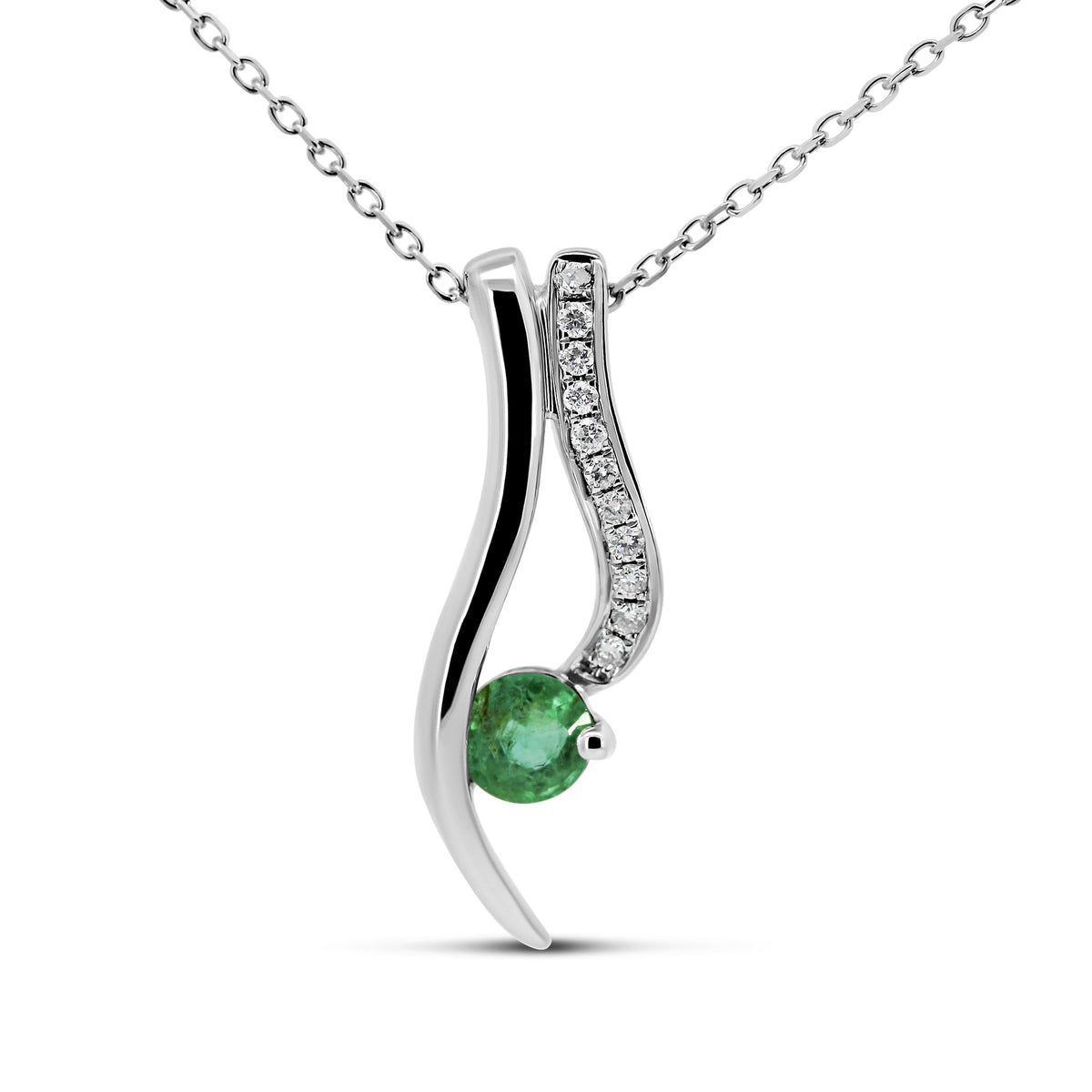 14K White Gold Emerald & Diamond Pendant Necklace