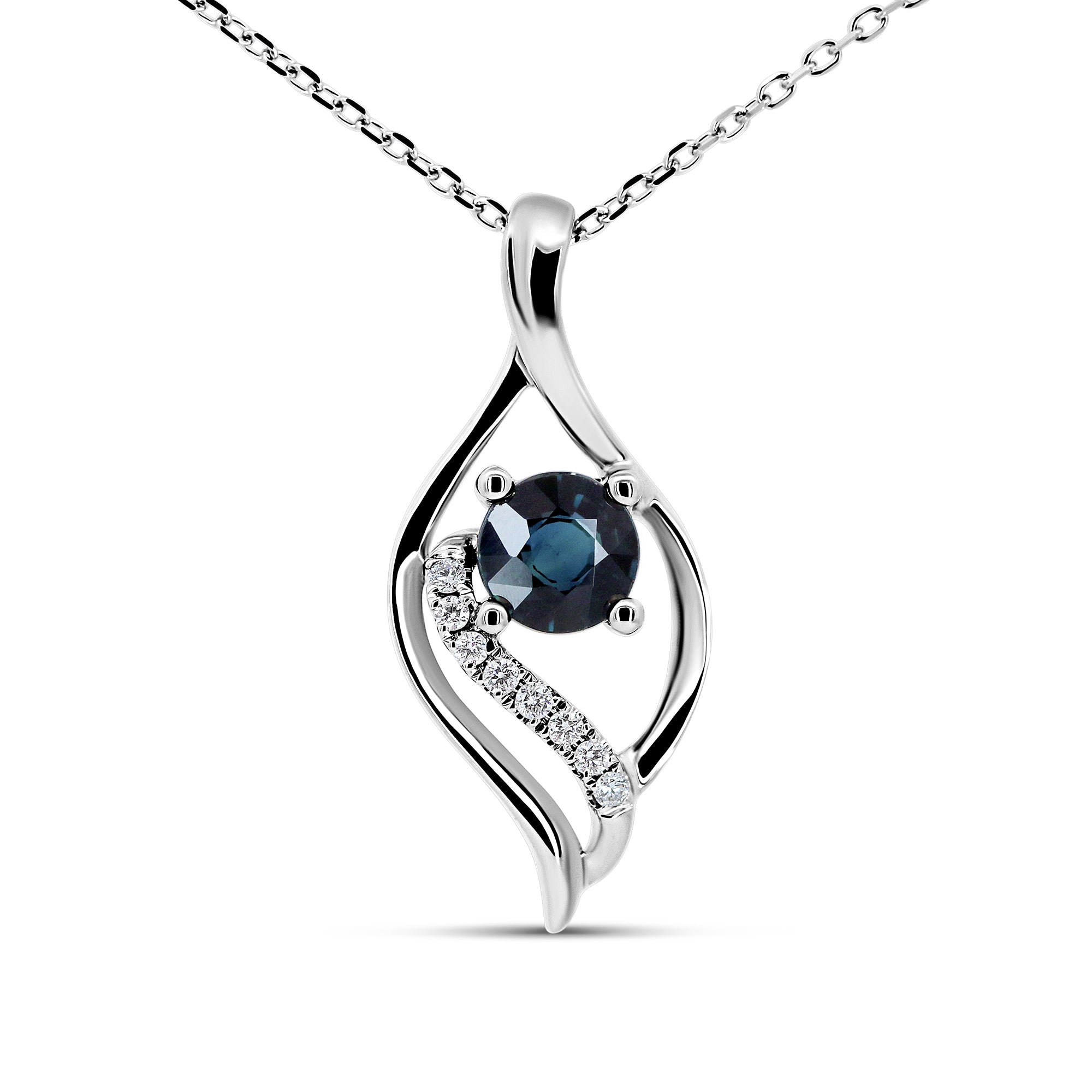 14K White Gold Round Sapphire & Diamond Pendant