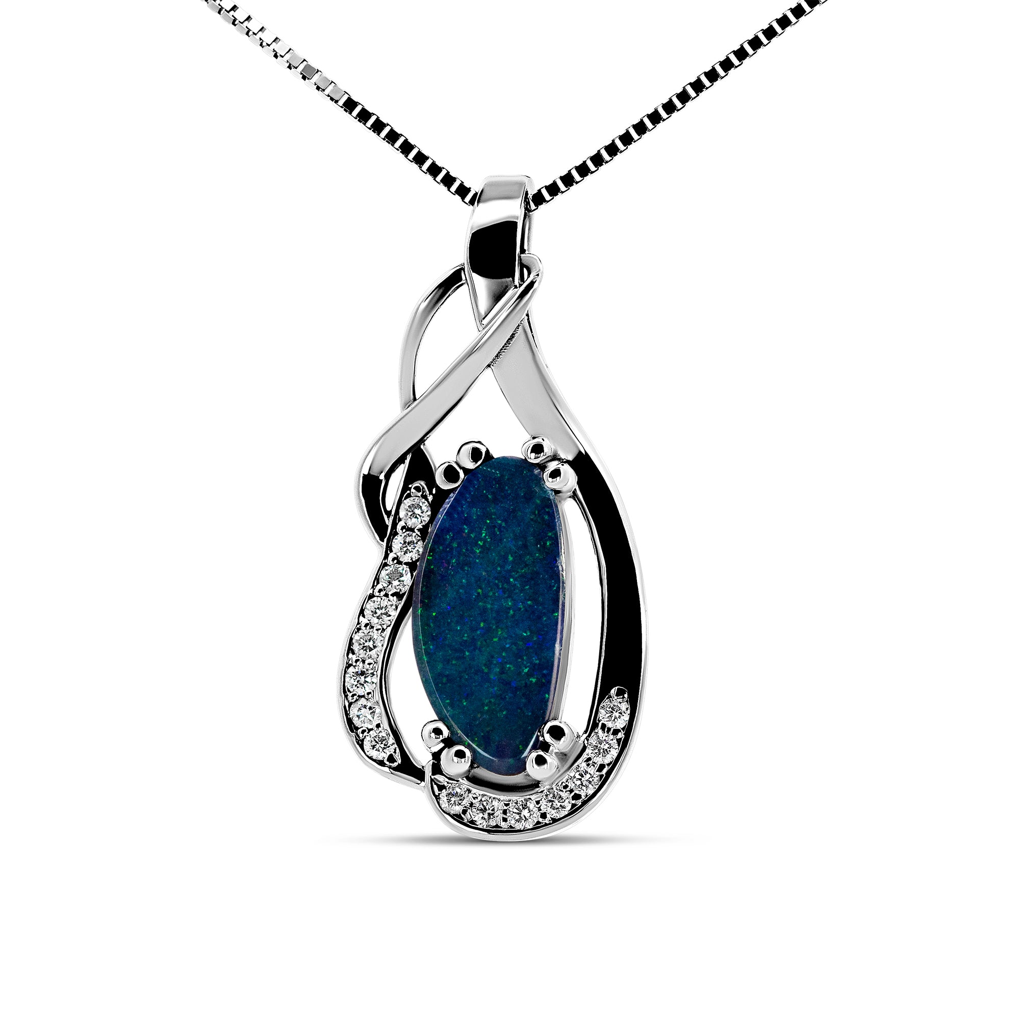 14K White Gold Opal Doublet & Diamond Pendant