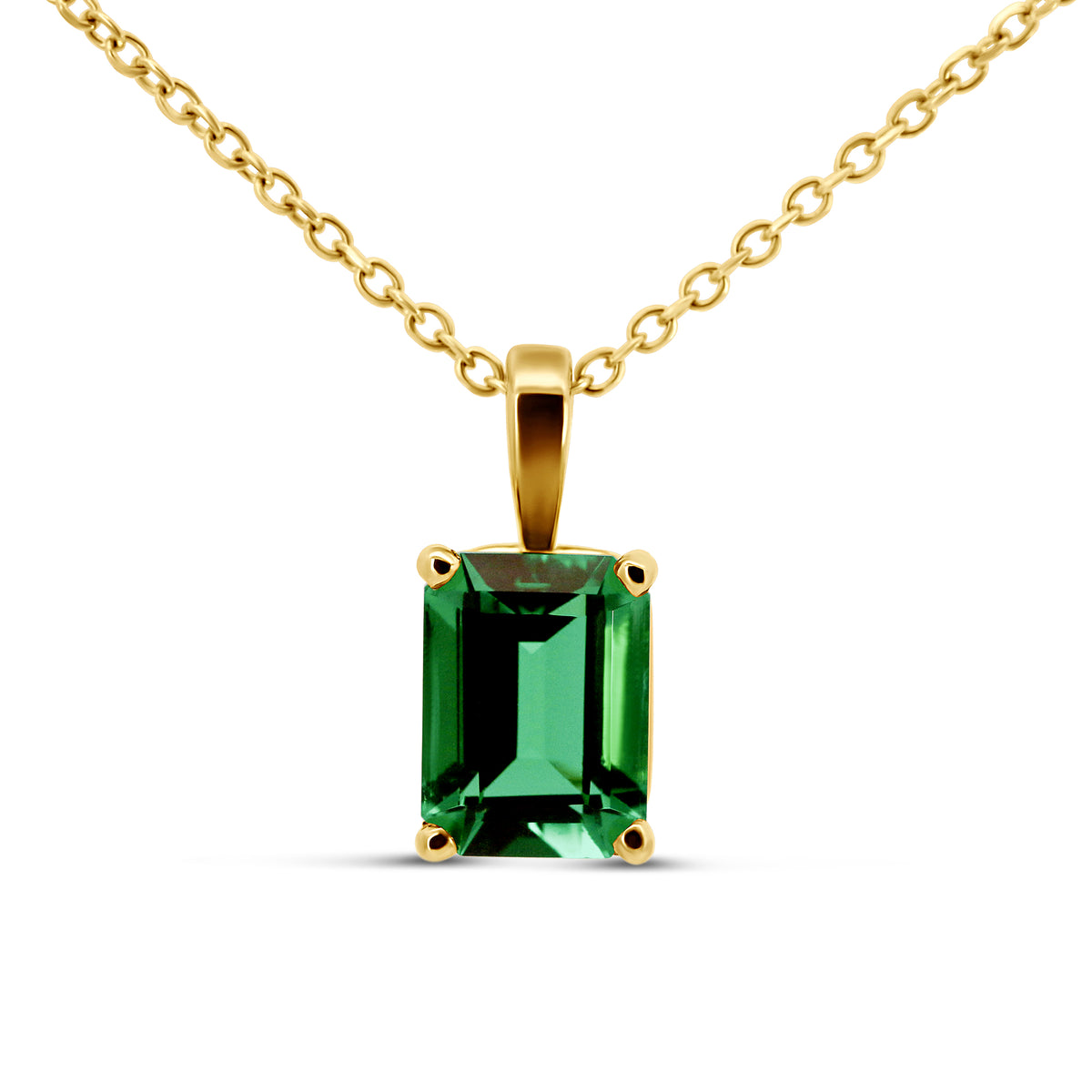14K Yellow Gold Emerald Cut Imitation Emerald Necklace